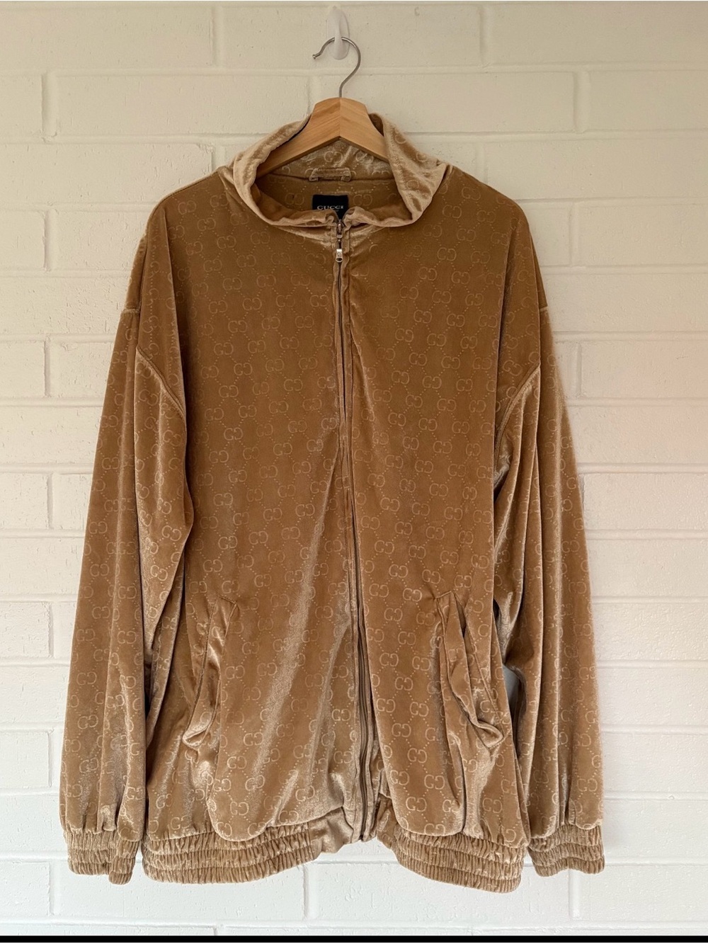 Gucci Tan Velvet Zip-Up Bomber Jacket